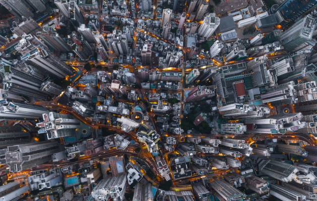 Bird's eye view of a city with sky scrapers Bird's eye view of a city with sky scrapers